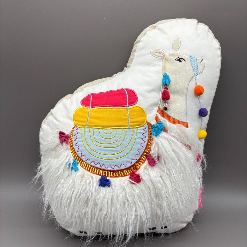 Isaac Mizrahi Decorative Pillow Llama Alpaca Boho Pom Pom Tassels Faux Fur Tibet